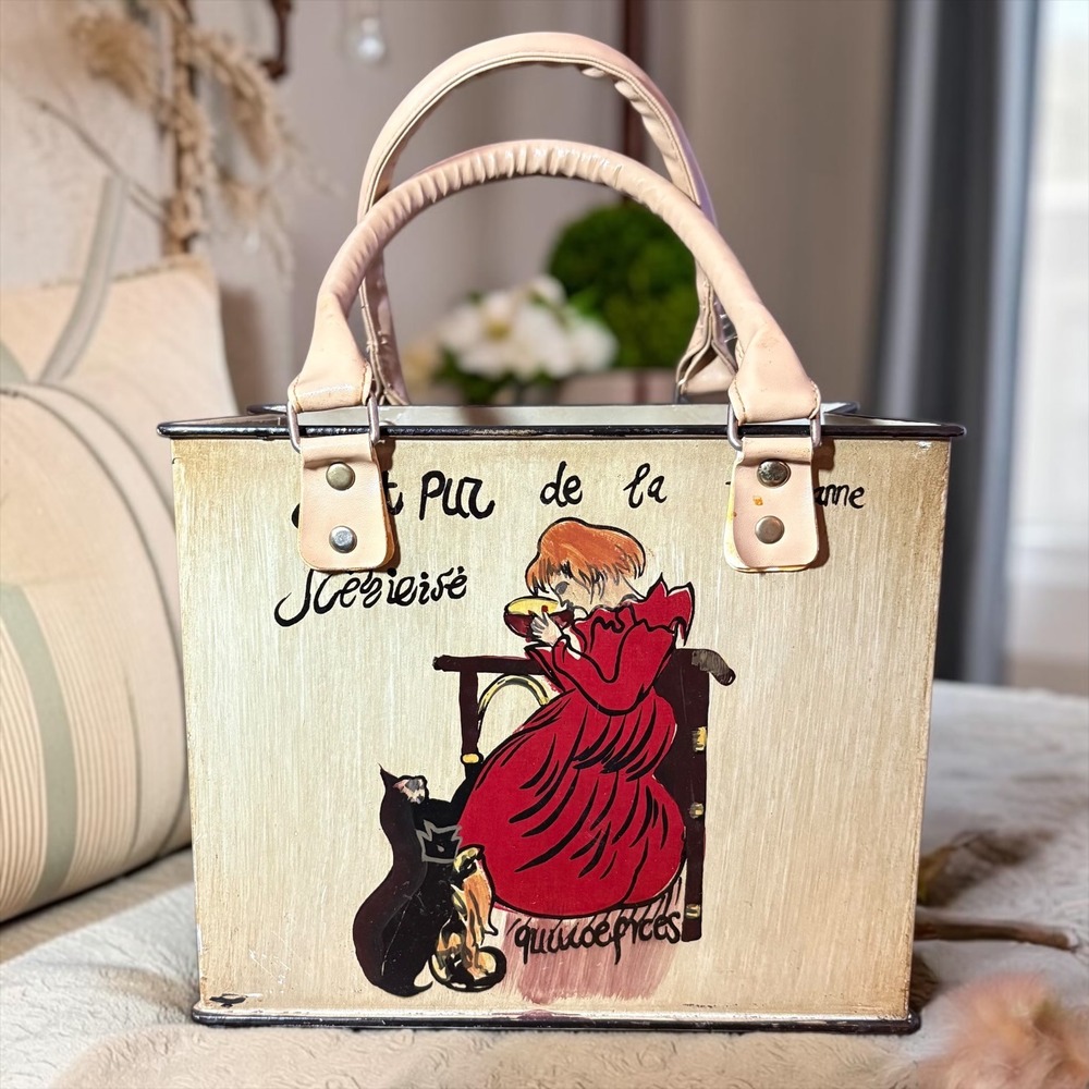 Vintage Style Painted Metal Cigar Box Purse Bin French Girl Cat Cream Tan Decor